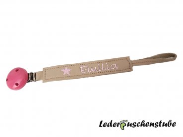Schnullerband Leder beige, Stern und Name in rosa, Holzclip  pink
